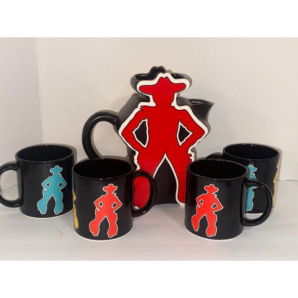 Vintage Department 56 Rodeo Cowboy Pitcher and 4 Mugs Set Black Ceramic Japan